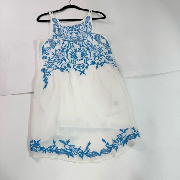 Sugar Lips Dress Womens Large White Blue Mini Embroidered Strappy Flowy Beach - Picture 1 of 9